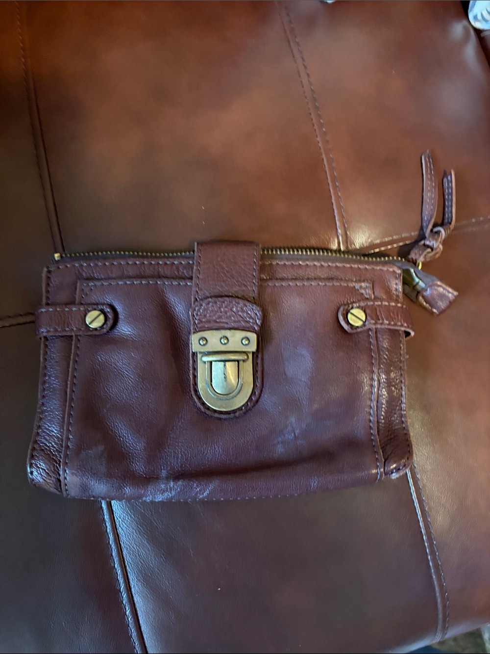 Linea Pelle Brown Leather Wristlet Clutch with Brass Turn-Lock